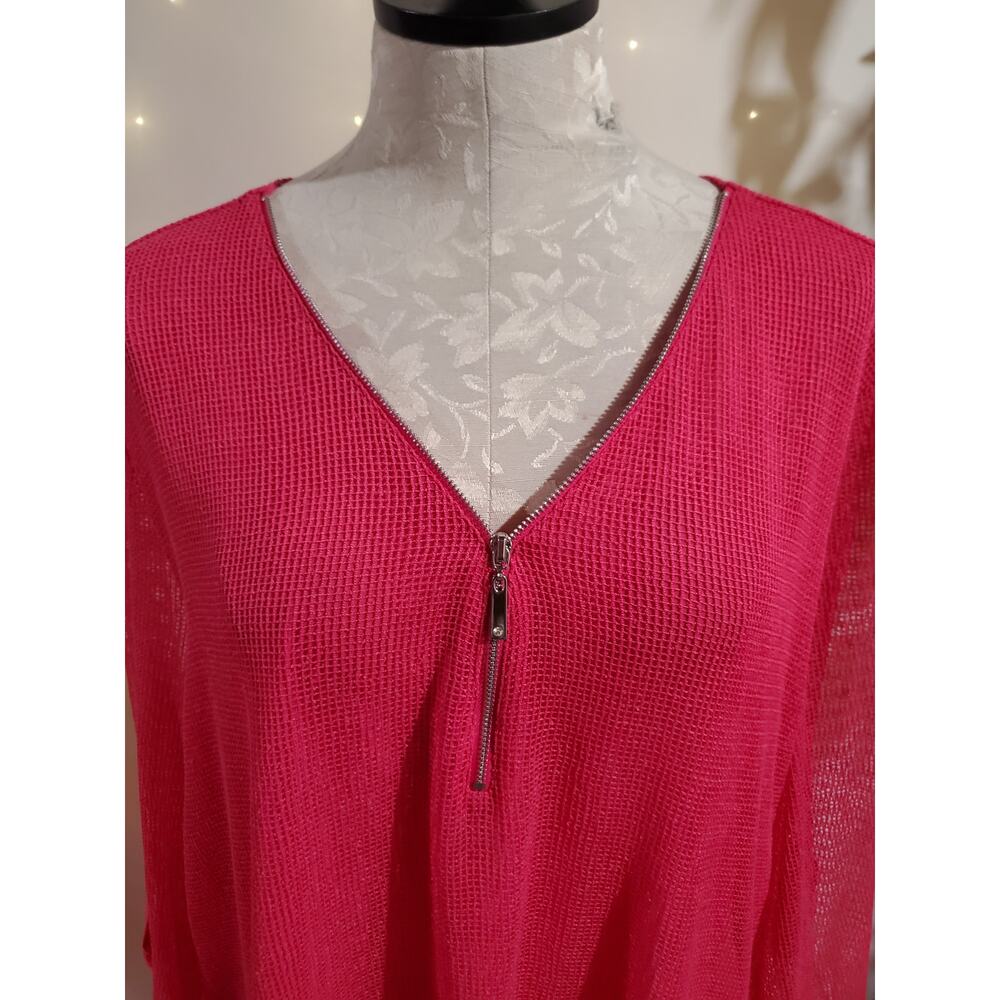 Joseph Ribkoff 1/4 Zip Mesh Overlay Top Plus Size 22 Hot Pink Roll Tab Sleeve - Picture 5 of 9